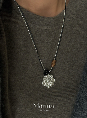 复古新中式花朵天然石皮绳项链【浮花】小众设计毛衣链长款吊坠