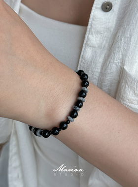 高级黑色系～天然黑曜石设计款手工串珠手串 天然石手链弹力绳女