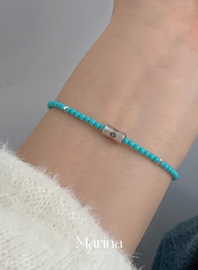 【蓝色冰岛】小众设计款绿松石串珠手工手串复古925纯银叠戴细款