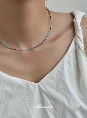 极细1mm青金石项链 925银手工串珠锁骨链绿松石颈链女天然珍珠