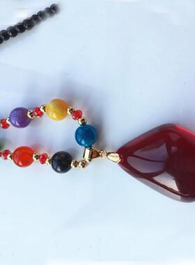 长款仿蜜蜡菱形黄吊坠毛衣链女彩珠民族风项链饰品欧美风格链条