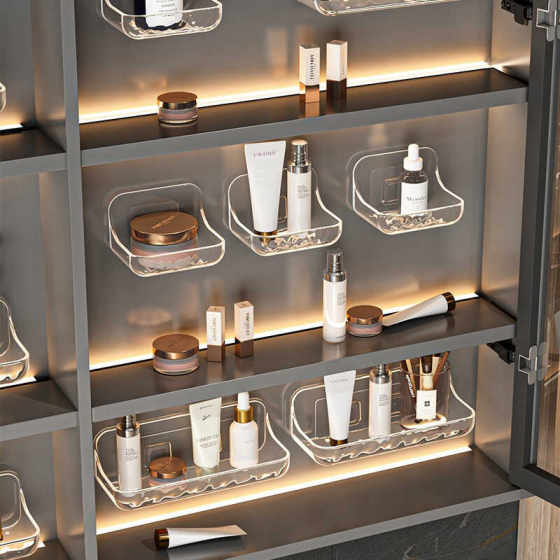 Hole-free cosmetics washbasin wall shelf