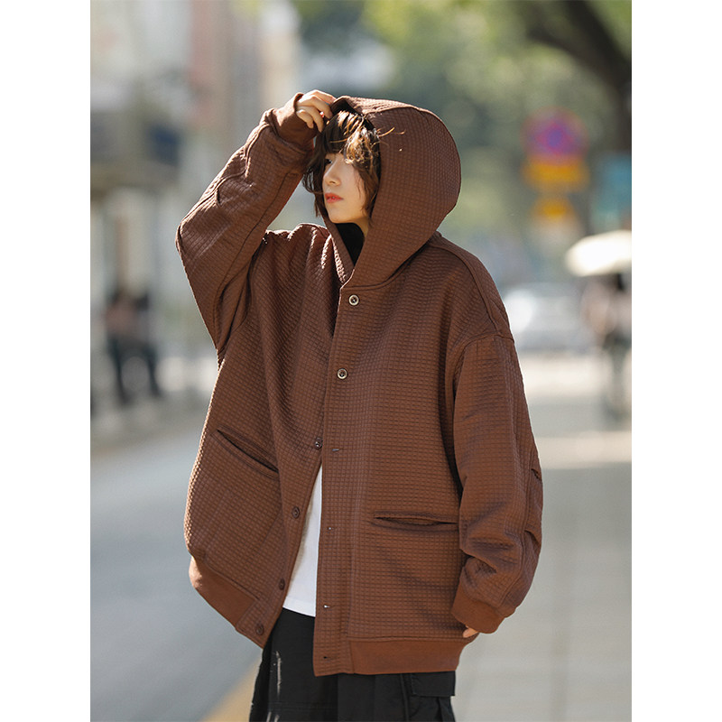 阿于呆日系春秋连帽华夫格重磅开衫女宽松休闲夹克纯色外套男卫衣,淘宝优惠券,粉丝福利购,淘宝优惠卷