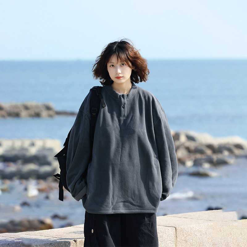 阿于呆日系复古亨利领摇粒绒卫衣男秋冬宽松情侣休闲套头外套女潮,淘宝优惠券,粉丝福利购,淘宝优惠卷