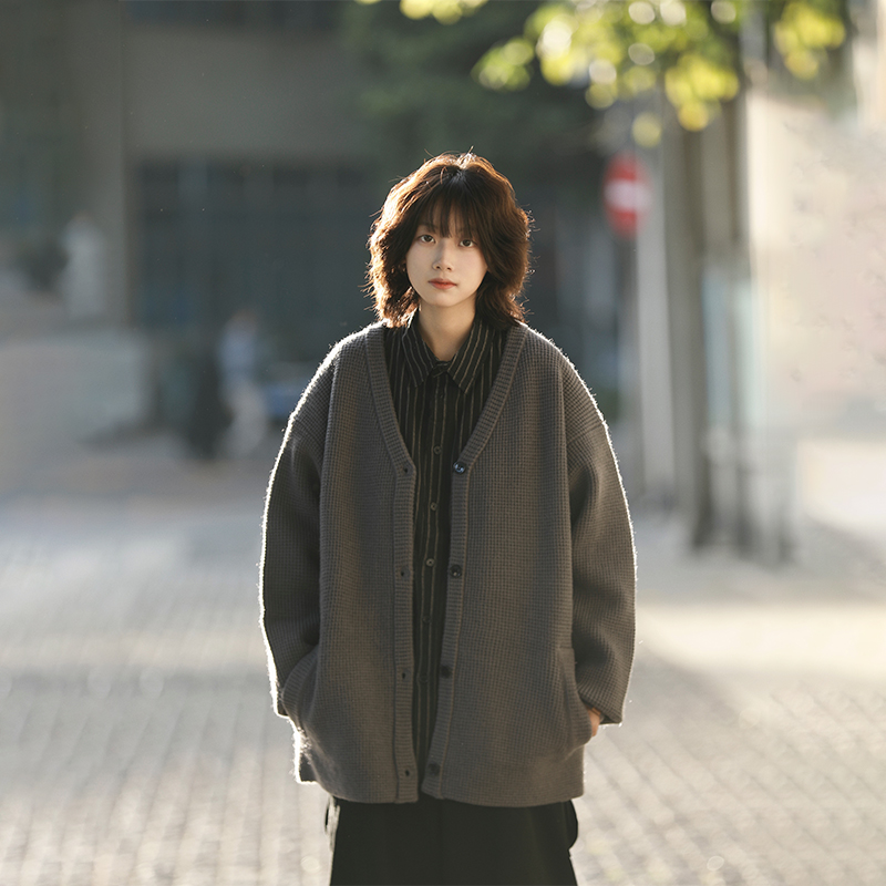 阿于呆秋冬日系复古毛衣开衫男美式慵懒保暖休闲宽松针织外套女潮 - 图0