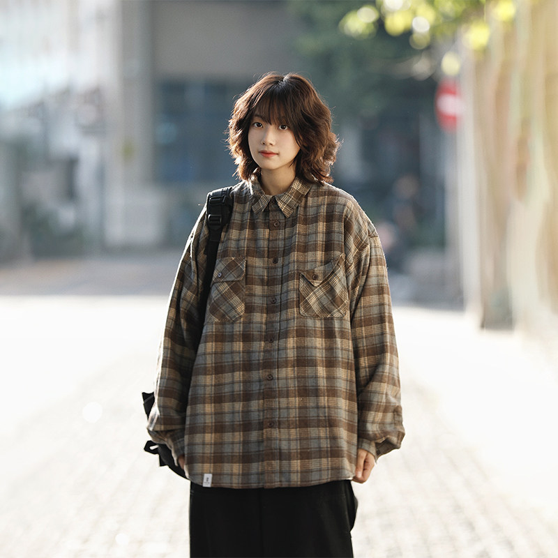 阿于呆日系复古秋冬格子长袖衬衫男宽松情侣慵懒风休闲衬衣外套女