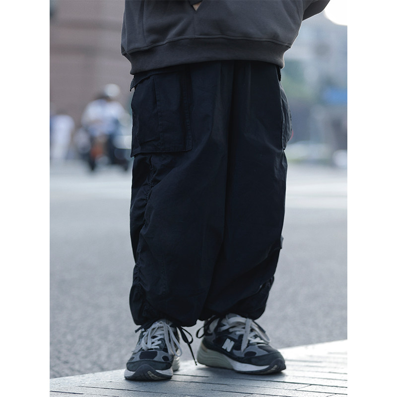 阿于呆 日系复古大口袋阔腿工装裤潮牌男女宽松休闲束脚抽绳长裤,淘宝优惠券,粉丝福利购,淘宝优惠卷