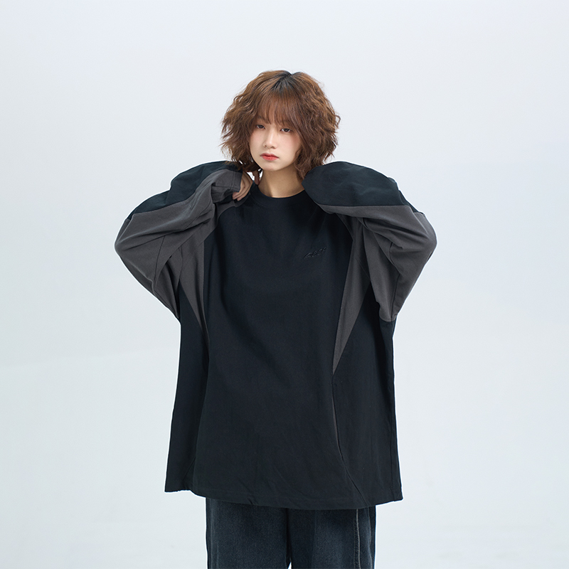 阿于呆日系复古撞色拼接插肩圆领卫衣男宽松休闲百搭纯棉长袖T恤 - 图3