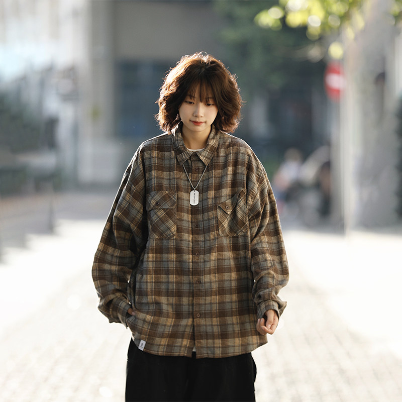 阿于呆日系复古秋冬格子长袖衬衫男宽松情侣慵懒风休闲衬衣外套女