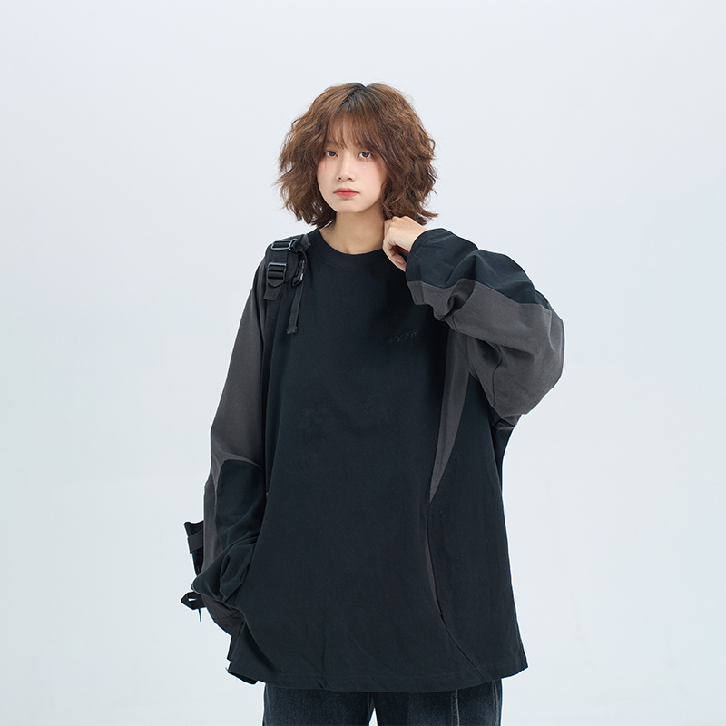 阿于呆日系复古撞色拼接插肩圆领卫衣男宽松休闲百搭纯棉长袖T恤 - 图1