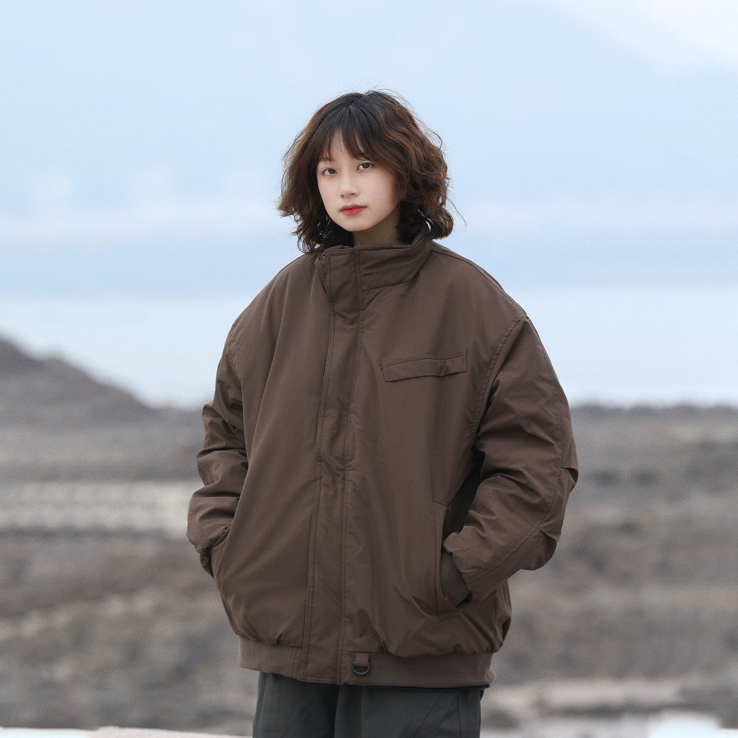 阿于呆冬季美拉德加厚立领棉服男美式复古宽松纯色保暖棉衣外套女 - 图2