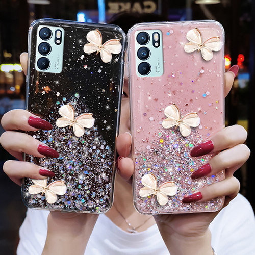 透明奢华水钻蝴蝶适用OPPORENO6PRO十+手机壳女款网红潮款reno5手机外壳女2021新款个性曲屏带挂绳opop5g加r6 - 图2