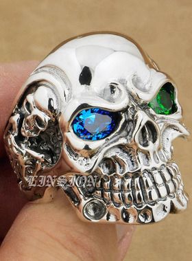 骷髅朋克风复古男士锆石纯银戒指