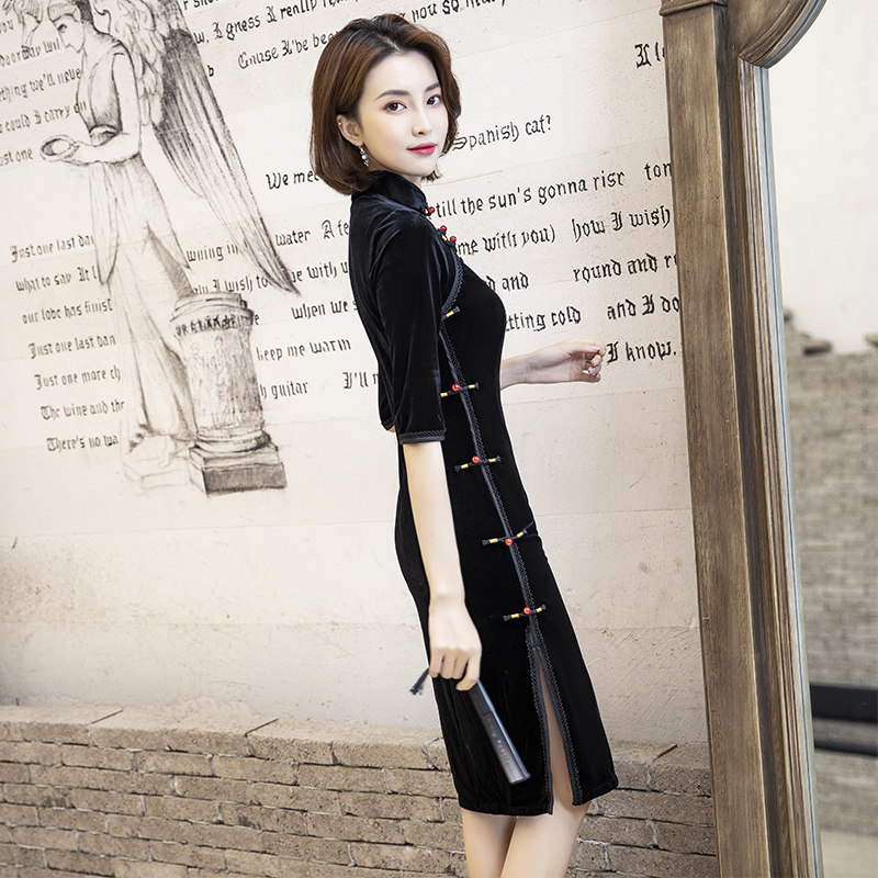 黑色旗袍2021新款年轻款改良连衣裙 夜树旗袍