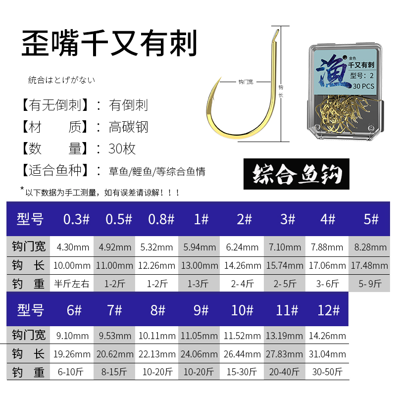 渔舵歪嘴金色千又鲢鳙钓鱼钩正品日本散装大物有倒刺海钓鱼钩盒装