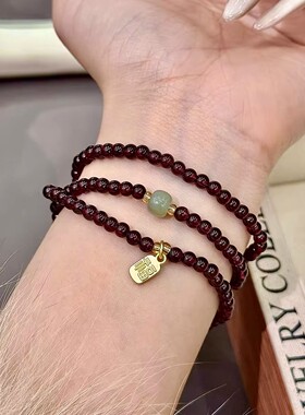 普陀山文创集三圈石榴石手串和田玉手链女送情侣普陀山文雅集