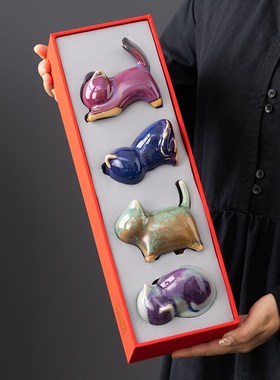 创意可爱猫摆件桌面茶宠客厅书房装饰品高级迷你手办钧瓷可养现货