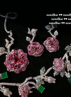 古董感轻奢红玫瑰花锆石精致项链复古晚宴气质繁花高级感宫廷耳环