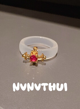 轻奢镀18K金花环雏菊猫眼花朵开口戒指 宴会高定白玉髓鸢尾花戒指