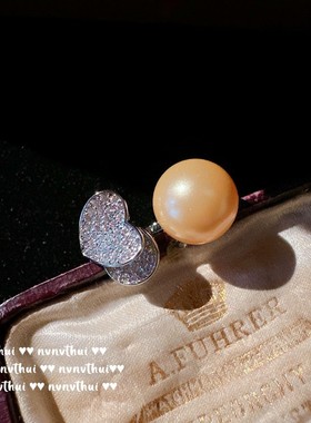 复古气质香槟金珍珠宝石宴会项链大溪地南洋金珠爱心锆石耳环组盒