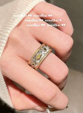 轻奢新款蕾丝气质名媛复古戒指 时尚珍珠18K金拉丝锆石开口指环女