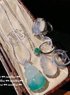 温润冰种白玉髓葫芦宝石镀金项链 荔枝冻气质人工玉髓平安扣耳环