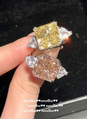 年会时尚气质名媛方形闪耀宝石戒指 镀18K金暮光黄大克拉锆石指环