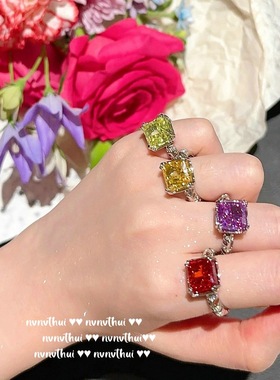 名媛气质轻奢超闪大克拉镀金戒指 玛格丽特彩虹方糖锆石年会女戒