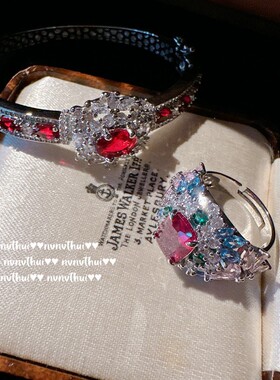 轻奢复古莫奈花园石榴红宝石手镯 镀18K金贵妇胭脂红锆石花朵戒指