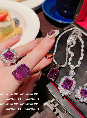 925银富贵紫坦桑锆石花朵戒指项链 重工镀金气质尖晶锆石几何耳环