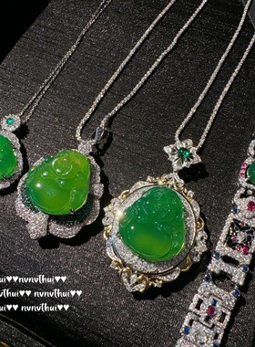 新中式掐丝錾花时尚玉髓镶钻项链巴西绿玉髓佛公花瓣锆石气质手链