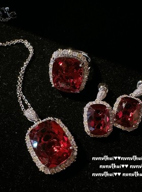 马亨盖复古轻奢鸽血红宝石耳环 名媛气质年会镀18K金长方锆石项链