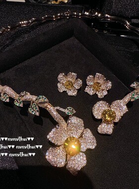 奥地利复古奢华宝石花藤项链Vintage镀18K金富贵繁花锆石耳环套装