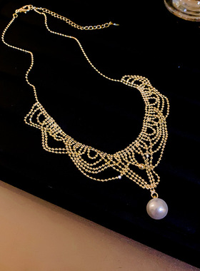 法式复古时尚珍珠蕾丝编织项链轻奢气质锁骨链小众高级感百搭饰品