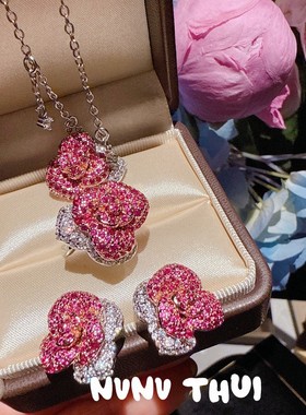 轻奢气质甜美公主红玫瑰项链 胭脂红玫瑰花双色锆石耳环 开口戒指