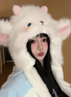 新款卡通小羊加绒大帽檐加厚毛线帽子女保暖捏捏耳朵成人会动