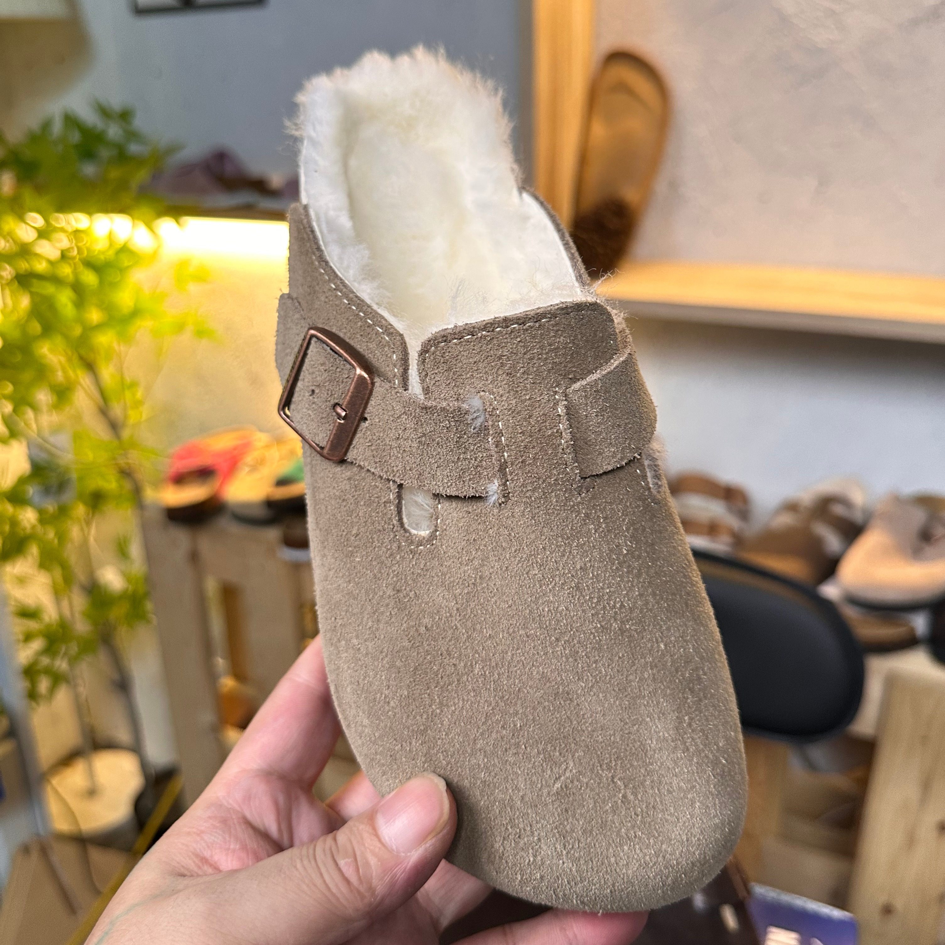 半包勃肯鞋头层牛皮羊毛一体保暖一脚蹬秋冬加绒毛毛鞋防滑平底,淘宝优惠券,粉丝福利购,淘宝优惠卷