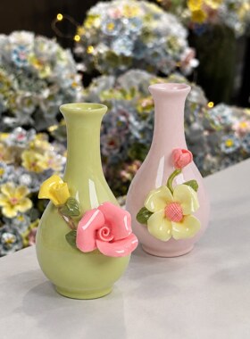 景德镇陶瓷小花瓶立体花朵桌面摆件手工装饰品精致温馨家居装饰