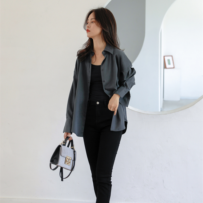 冷淡风垂感灰色女秋装宽松长袖衬衫 堇眉衬衫