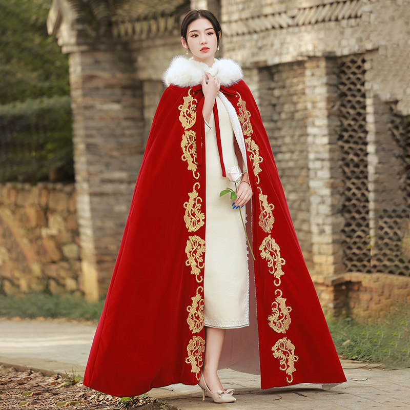 中式古装斗篷2021年酒红色结婚旗袍 惜淑汉服