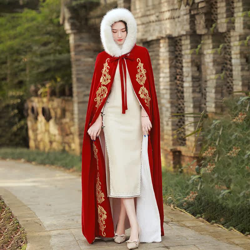 中式古装斗篷2021年酒红色结婚旗袍 惜淑汉服