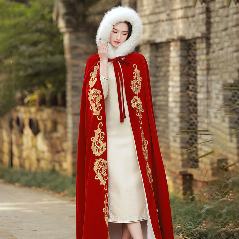 中式古装斗篷2021年酒红色结婚旗袍 惜淑汉服