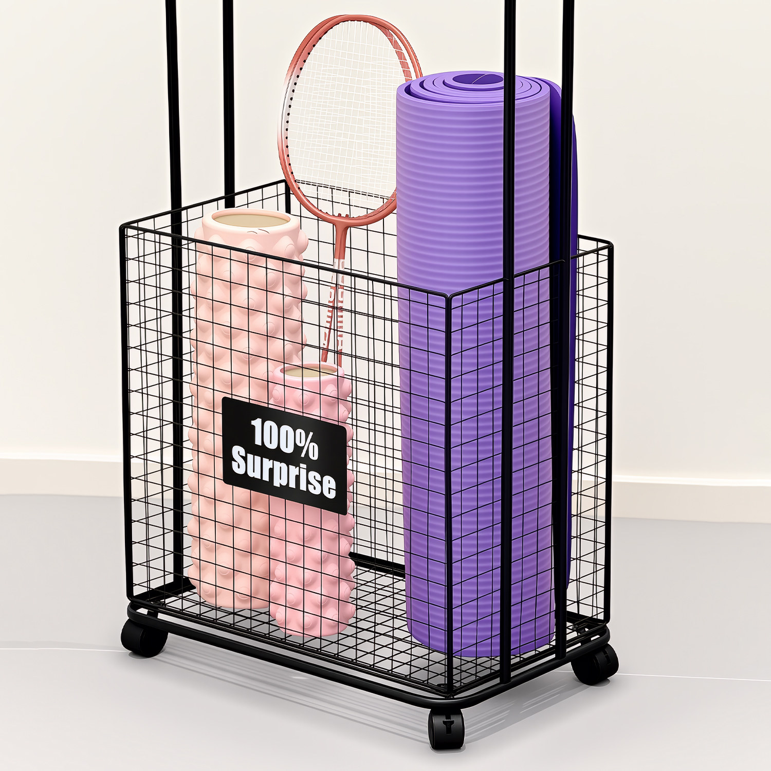 瑜伽垫收纳筐运动健身器材置物架家用羽毛球带轮可移动落地收纳架,淘宝优惠券,粉丝福利购,淘宝优惠卷