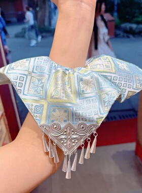 杭州正品非遗壮锦手工方巾发圈女步步生银饰品国风苗银流苏发夹