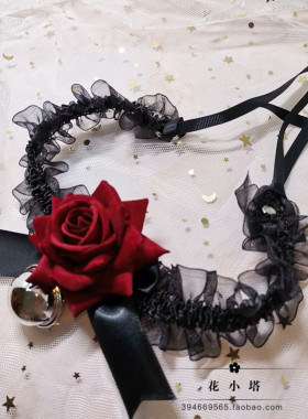 洛丽塔猫咪铃铛酒红色女仆项链