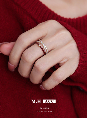 宫廷风红色交错镶钻戒指女款轻奢复古简约百搭小众滴油高级感指环