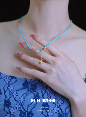 新中式蓝色松石串珠项链配饰女轻奢复古高级感气质百搭国风锁骨链