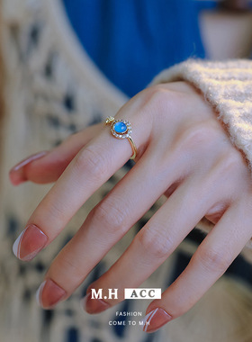 复古蓝色猫眼石戒指女款轻奢中古风时尚简约气质高级感百搭食指戒