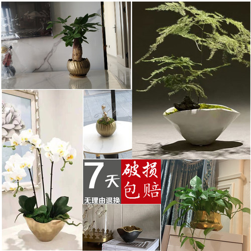 金色花瓶摆件欧式简约客厅陶瓷插花花盆样板间瓷器烟灰缸茶几花器 - 图2