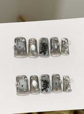 纯手工穿戴甲高级感灰色鸭嘴甲美甲片欧美哥特骷髅珍珠假指甲贴片